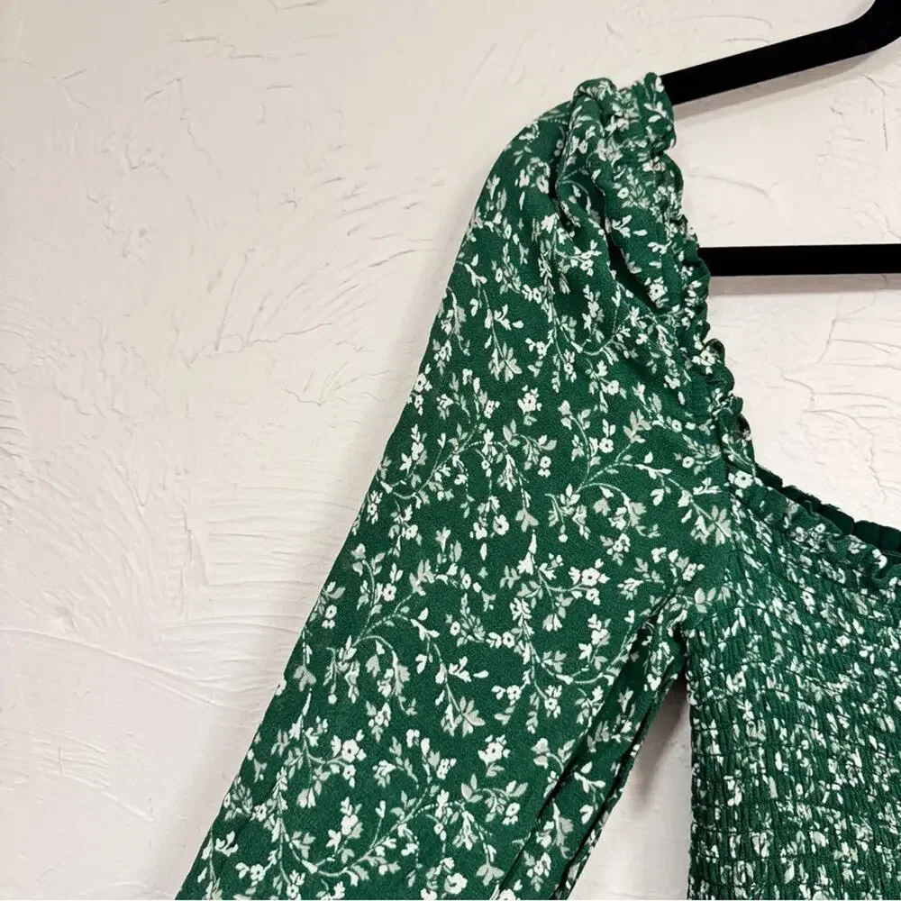 Reformation Green Ditsy Floral Smocked Blouse Womens M Summer Sheer Sleeve Boho